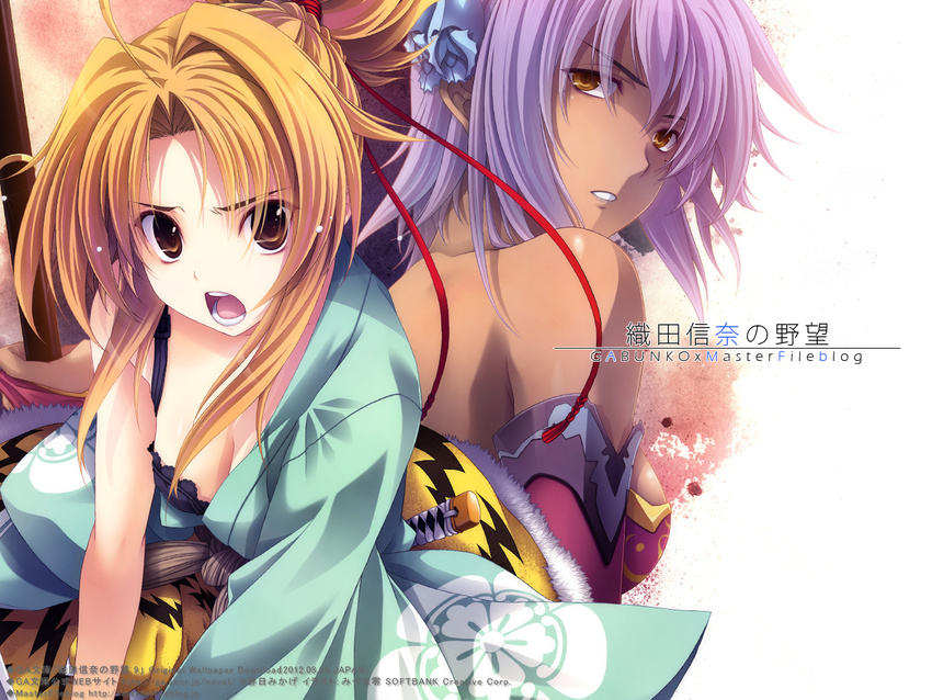 :o bare_shoulders black_bra blonde_hair bra breasts brown_eyes cleavage dark_skin detached_sleeves hadanugi_dousa hair_ornament hair_ribbon hair_up japanese_clothes katana long_hair matsunaga_hisahide_(oda_nobuna_no_yabou) medium_breasts miyama-zero multiple_girls oda_nobuna oda_nobuna_no_yabou off_shoulder purple_hair ribbon short_hair sword tiger_skin underwear wallpaper weapon