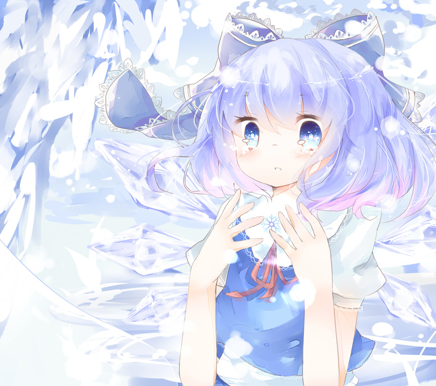 bad_id bad_pixiv_id blue_eyes blue_hair bow cirno hair_bow ice ice_wings kinyla parted_lips ribbon short_sleeves snowflakes solo tears touhou wings