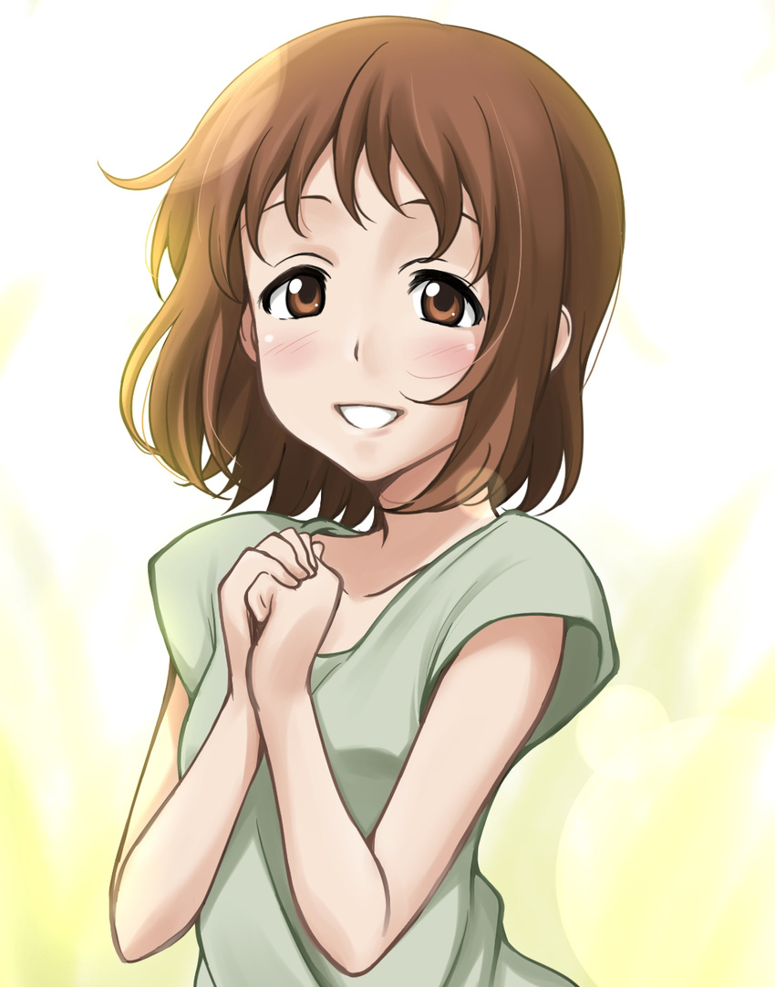 bad_id bad_pixiv_id blush brown_eyes brown_hair casual hands_together highres ikari_manatsu looking_at_viewer short_hair smile solo takanashi_nazuna upper_body working!!