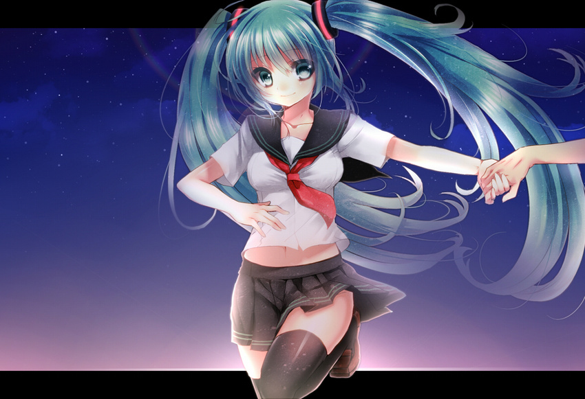 bad_id bad_pixiv_id banned_artist black_legwear green_eyes green_hair hatsune_miku holding_hands letterboxed long_hair looking_at_viewer midriff navel neckerchief out_of_frame pleated_skirt school_uniform serafuku skirt smile solo_focus thighhighs tsukiriran twintails very_long_hair vocaloid