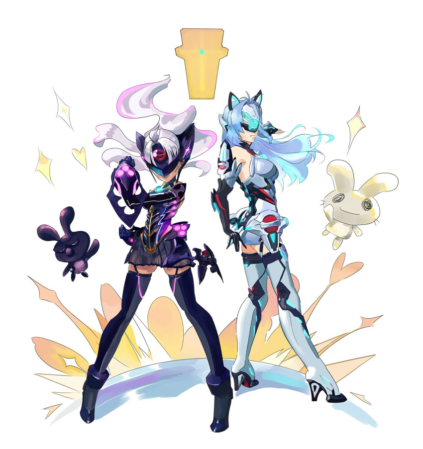 2girls android bare_shoulders blue_hair breasts chouhou_kyokuin cleavage cyborg dark_skin elbow_gloves expressionless forehead_protector gloves highres kos-mos kos-mos_re: leotard long_hair looking_at_viewer multiple_girls nintendo silver_hair standing t-elos t-elos_re thighhighs very_long_hair white_leotard xenoblade_(series) xenoblade_2 xenosaga xenosaga_episode_iii