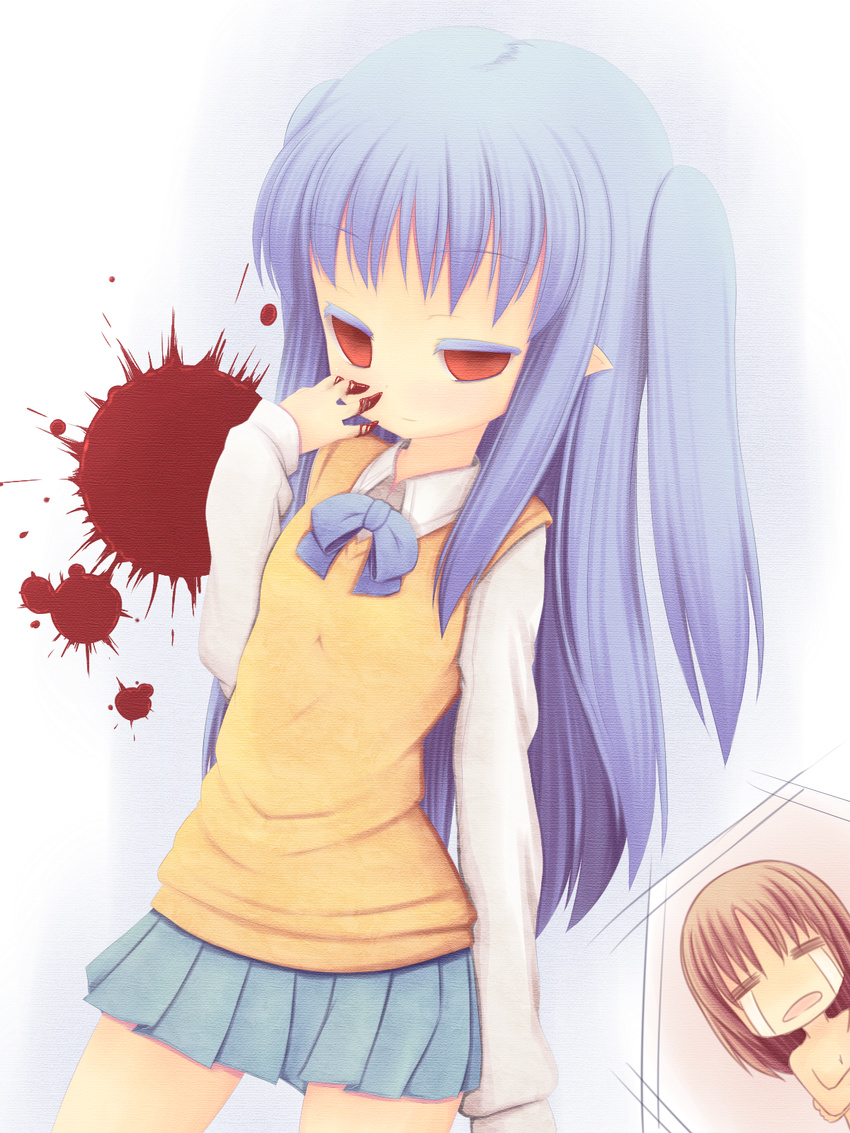 bad_id bad_pixiv_id blood blue_hair blue_skirt brown_hair cosplay crying highres len long_hair melty_blood miniskirt multiple_girls nightmare_cat pleated_skirt pointy_ears red_eyes school_uniform short_hair sidelocks skirt sweater_vest tears tsukihime two_side_up yumizuka_satsuki yumizuka_satsuki_(cosplay)