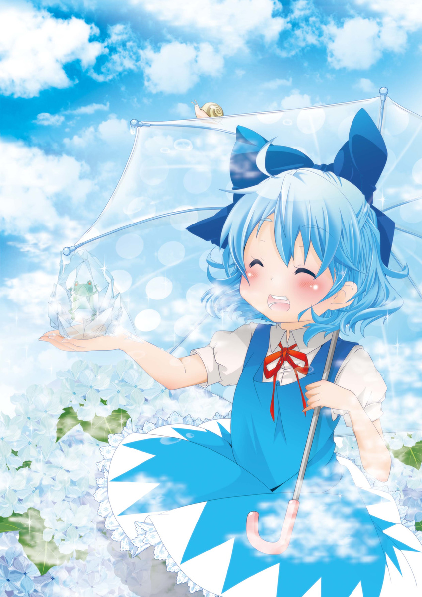 absurdres berry_jou blue_hair blush bow cirno closed_eyes dress flower frog frozen frozen_frog hair_bow highres open_mouth short_sleeves sky smile snail solo touhou umbrella