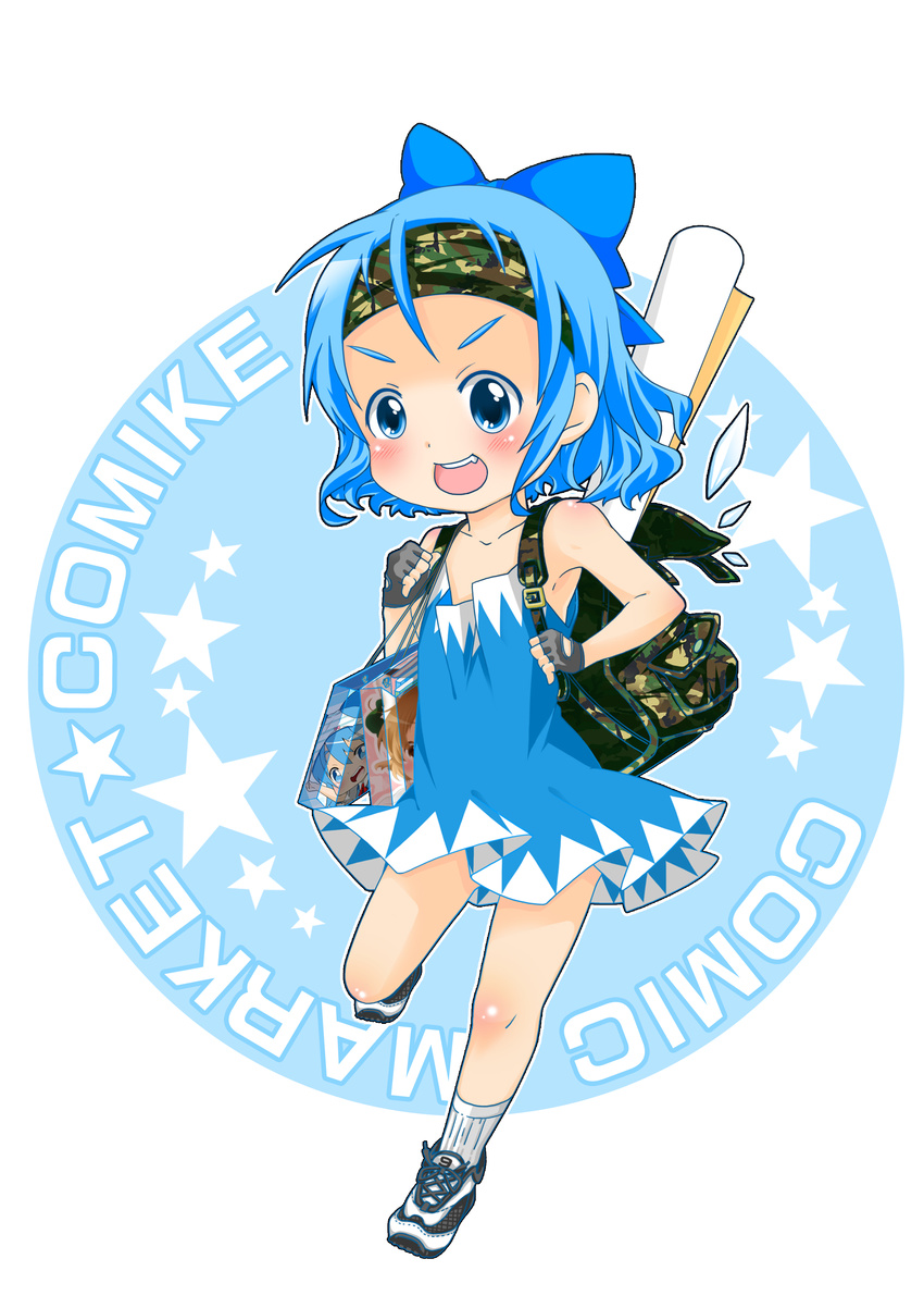 absurdres backpack bag bandana berry_jou blue_eyes blue_hair bow camouflage child cirno comiket dress fang fingerless_gloves gloves hair_bow highres open_mouth shoes sleeveless sleeveless_dress sneakers solo touhou