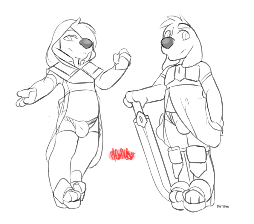anthro brian_griffin bulge canine clothing dog duo ear_piercing family_guy hood jasper male mammal mewdles midriff piercing plain_background sword weapon white_background