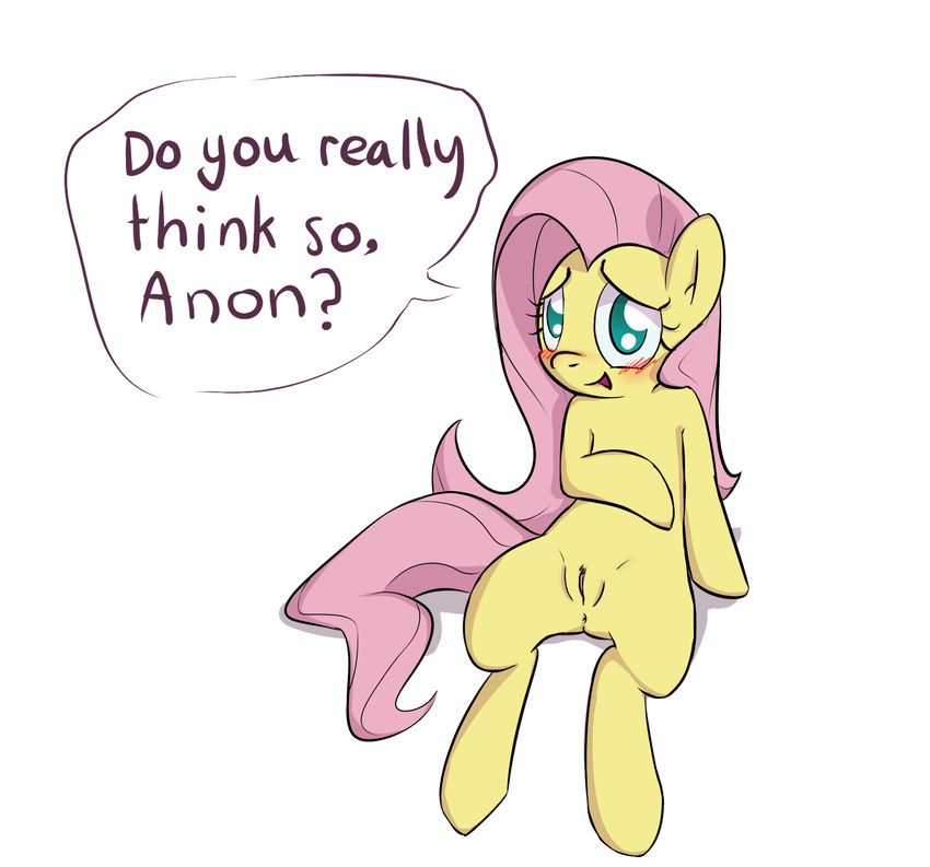 blue_eyes blush butt clopper-dude english_text equine female feral fluttershy_(mlp) friendship_is_magic hair hooves horse long_hair looking_at_viewer mammal my_little_pony open_mouth pegasus pink_hair plain_background pony pussy text white_background wings
