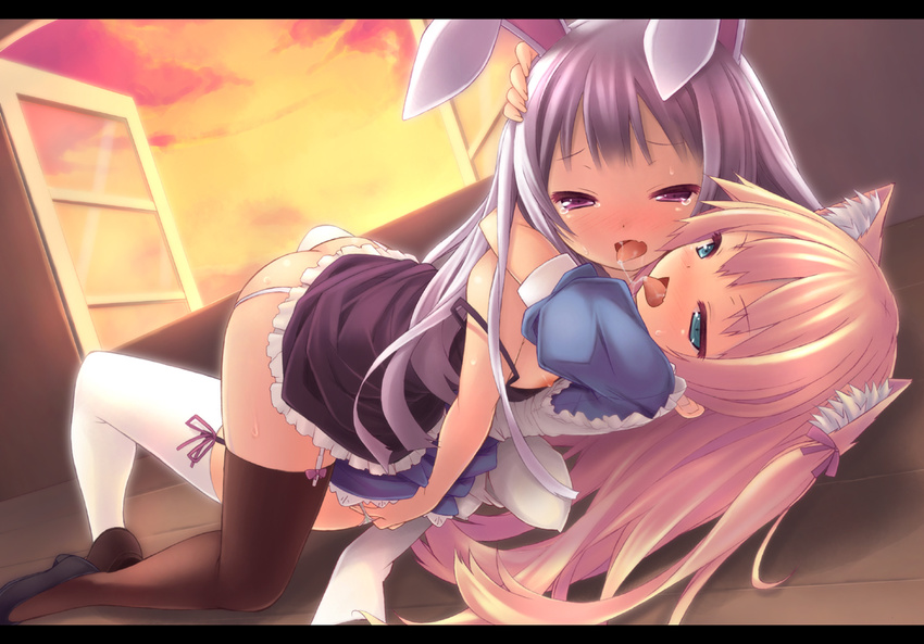 after_kiss animal_ears ass black_legwear blonde_hair blue_eyes blush breasts bunny_ears cat_ears dress garter_straps hair_ribbon hand_in_panties hug letterboxed long_hair lying multiple_girls nipples no_bra on_back open_mouth original panties purple_eyes red_eyes ribbon ryo saliva saliva_trail silver_hair small_breasts smile striped striped_panties tears thighhighs tongue tongue_out underwear white_legwear window yuri