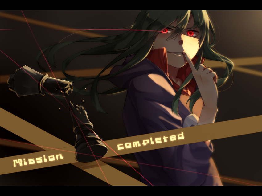 bad_id bad_pixiv_id chess_piece finger_to_mouth glowing glowing_eyes green_hair grin kagerou_project kido_tsubomi letterboxed light_trail long_hair mekakushi_code_(vocaloid) pietani397 red_eyes slit_pupils smile solo vocaloid