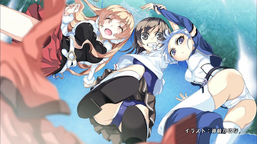 artist_name ass blue_eyes blue_hair brown_hair closed_eyes cropped_jacket detached_sleeves end_card fin_e_ld_si_laffinty flower from_below hair_flower hair_ornament kanzaki_karuna kyouno_madoka long_hair looking_down muginami multiple_girls non-web_source one-piece_swimsuit orange_hair perspective pleated_skirt rinne_no_lagrange school_swimsuit short_hair skirt swimsuit swimsuit_under_clothes thighhighs upskirt