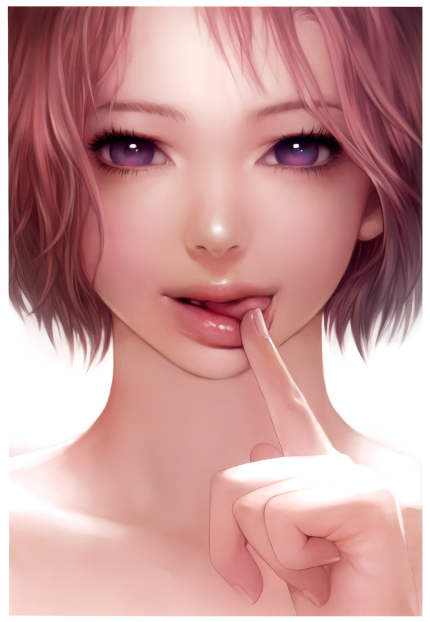 1girl :p absurdres airspace bust face finger_to_mouth hands highres lips looking_at_viewer open_mouth original pink_hair purple_eyes realistic short_hair simple_background smile solo tongue tongue_out upper_body
