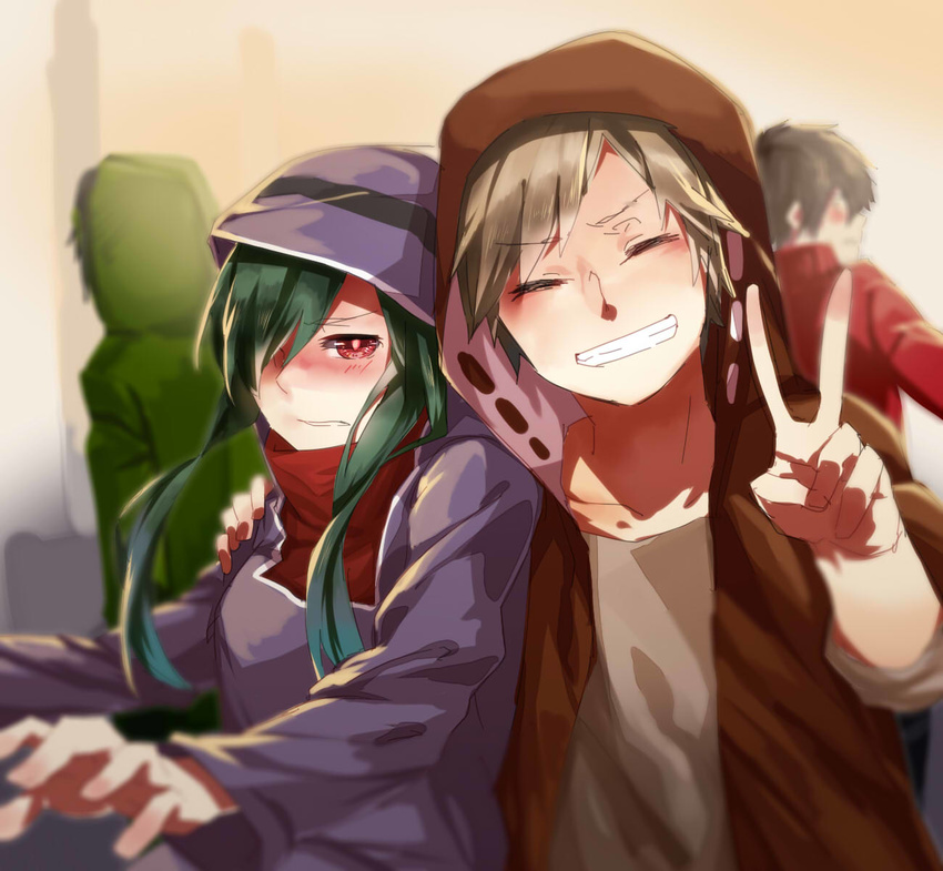 3boys bad_id bad_pixiv_id blush brown_hair green_hair grin highres hood hoodie kagerou_project kano_shuuya kido_tsubomi kisaragi_shintarou long_hair mekakushi_code_(vocaloid) multiple_boys pietani397 red_eyes seto_kousuke short_hair smile v vocaloid