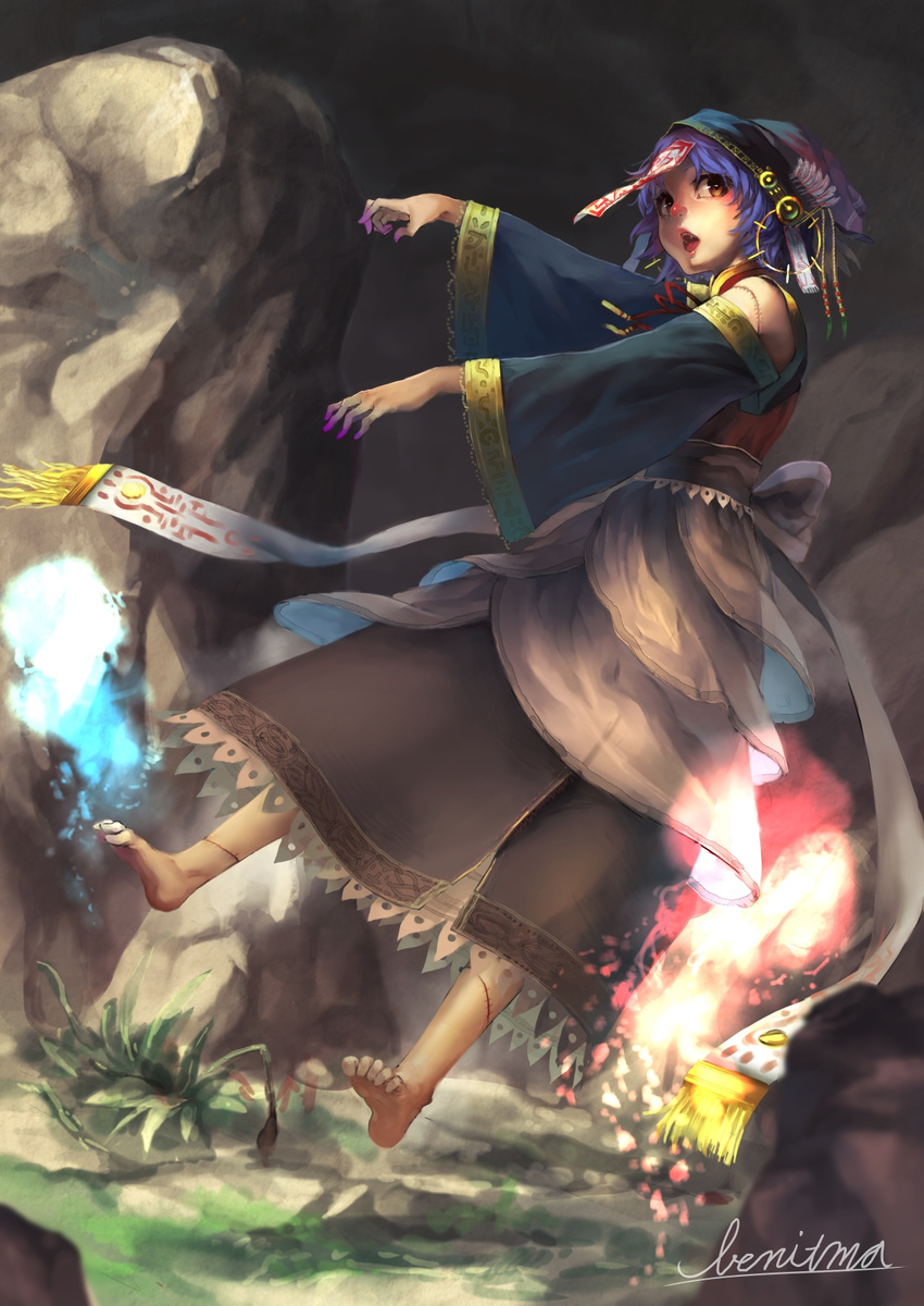alternate_costume barefoot benitama beret blue_hair detached_sleeves fang hat highres jiangshi long_sleeves miyako_yoshika ofuda open_mouth outstretched_arms red_eyes rock sash short_hair solo stitches toe_scrunch touhou wide_sleeves zombie_pose