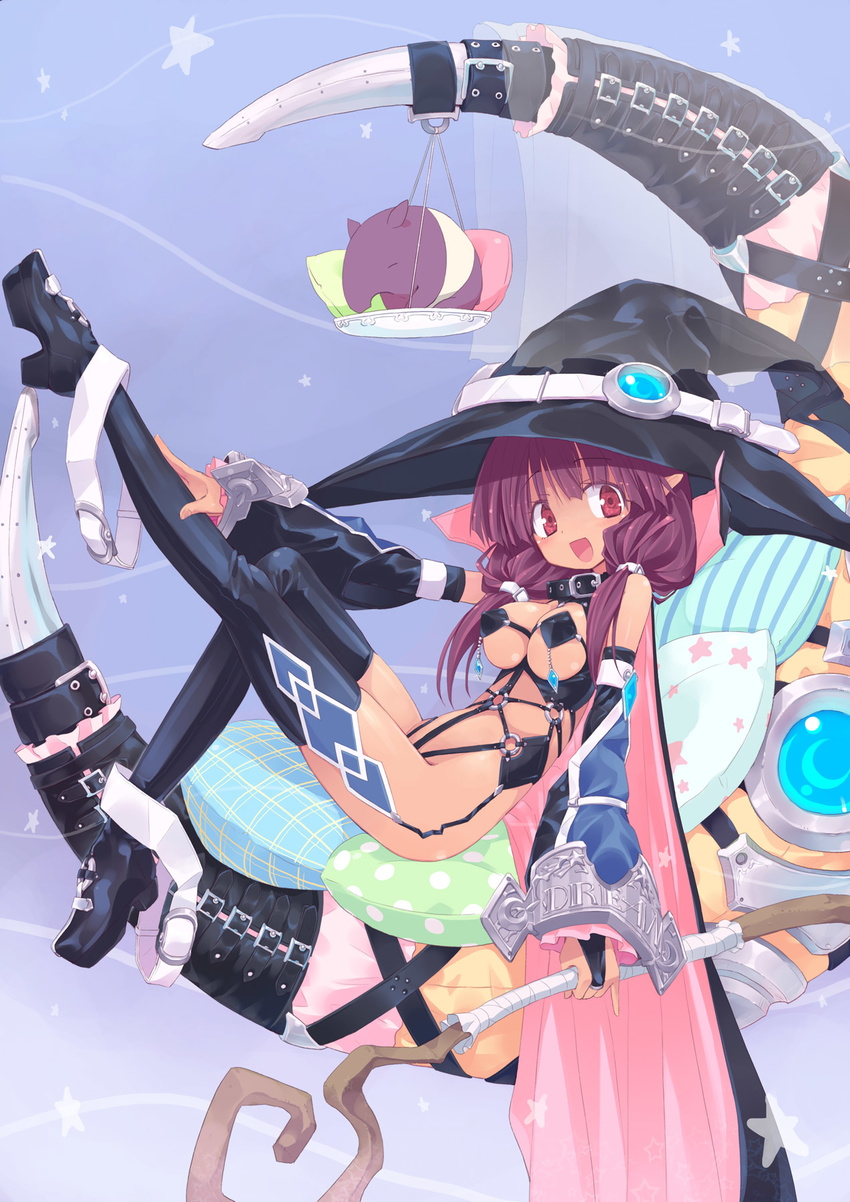 :d animal bare_shoulders belt black_legwear bondage_outfit breasts bridal_gauntlets cape cleavage collar crescent_moon detached_sleeves hat highres homura_subaru jewelry large_breasts leg_lift long_hair looking_at_viewer moon no_panties open_mouth original pillow pinky_out pointy_ears purple_eyes purple_hair sitting smile solo staff thighhighs veil witch witch_hat