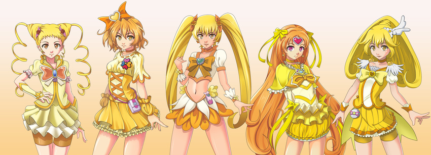 arms_behind_back bike_shorts blonde_hair bow brooch bubble_skirt choker circlet color_connection cure_lemonade cure_muse_(yellow) cure_peace cure_pine cure_sunshine double_bun drill_hair fresh_precure! gradient gradient_background hair_bow hair_flaps hair_ornament hand_on_hip heart heart_hair_ornament heartcatch_precure! highres jewelry kasugano_urara_(yes!_precure_5) kise_yayoi long_hair magical_girl midriff multiple_girls myoudouin_itsuki navel ntk_51 orange_background orange_choker orange_hair orange_skirt pink_eyes precure shirabe_ako short_hair shorts shorts_under_skirt skirt smile_precure! suite_precure twin_drills twintails white_background wrist_cuffs yamabuki_inori yellow yellow_bow yellow_choker yellow_eyes yellow_shorts yellow_skirt yes!_precure_5