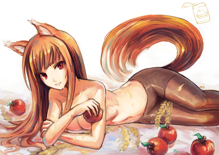 animal_ears apple applesauce breasts brown_hair brown_legwear food fruit holding holo long_hair looking_at_viewer lying medium_breasts messy navel on_side pantyhose parted_lips red_eyes saimon_ma sexually_suggestive solo spice_and_wolf tail topless wheat wolf_ears wolf_tail