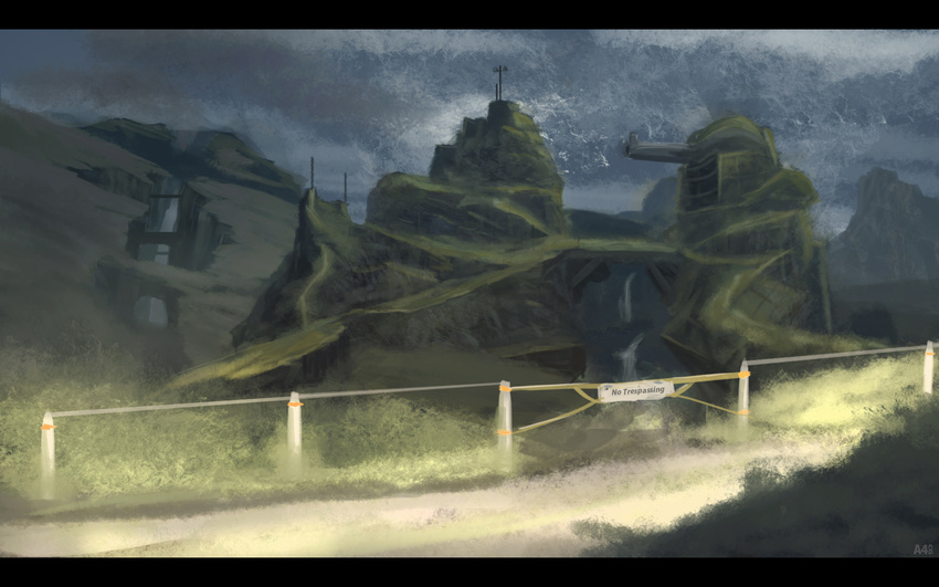 bad_id bad_pixiv_id building cannon cloud fence highres landscape mountain no_humans original scenery sign sky