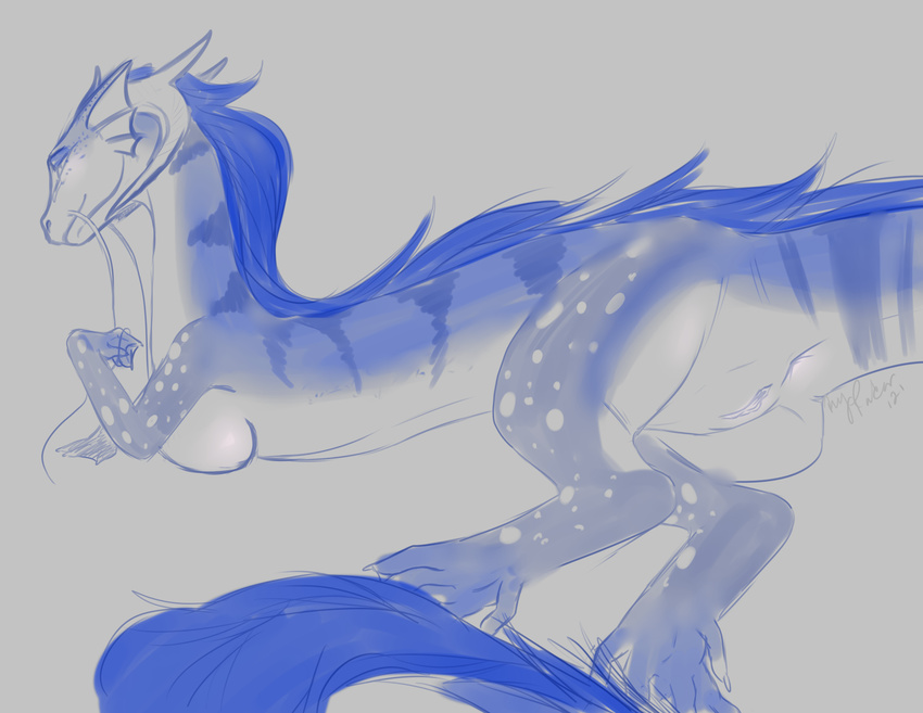 anthro anus blue blue_hair blue_theme breasts chinese_dragon dragon female feral hair hindpaw horn iko non-mammal_breasts paws pussy sketch solo whiskers