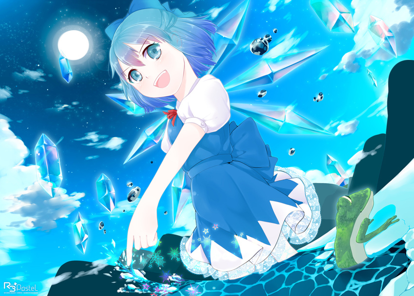 bad_id bad_pixiv_id blue_eyes blue_hair bow cirno dress frog hair_bow ice monicanc open_mouth short_hair solo sun touhou water wings