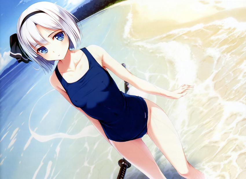 beach blue_eyes erect_nipples headband ke-ta konpaku_youmu school_swimsuit swimsuit touhou water white_hair