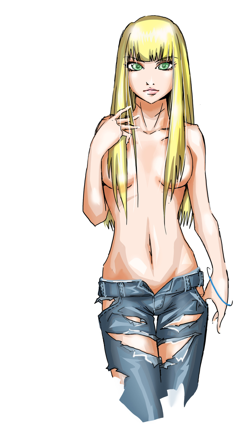 absurdres agacross bangle blonde_hair blue_eyes bracelet breasts denim hair_censor highres jeans jewelry lili_(tekken) navel no_panties pants solo tekken thumb_in_pocket topless torn_clothes torn_jeans torn_pants unbuttoned