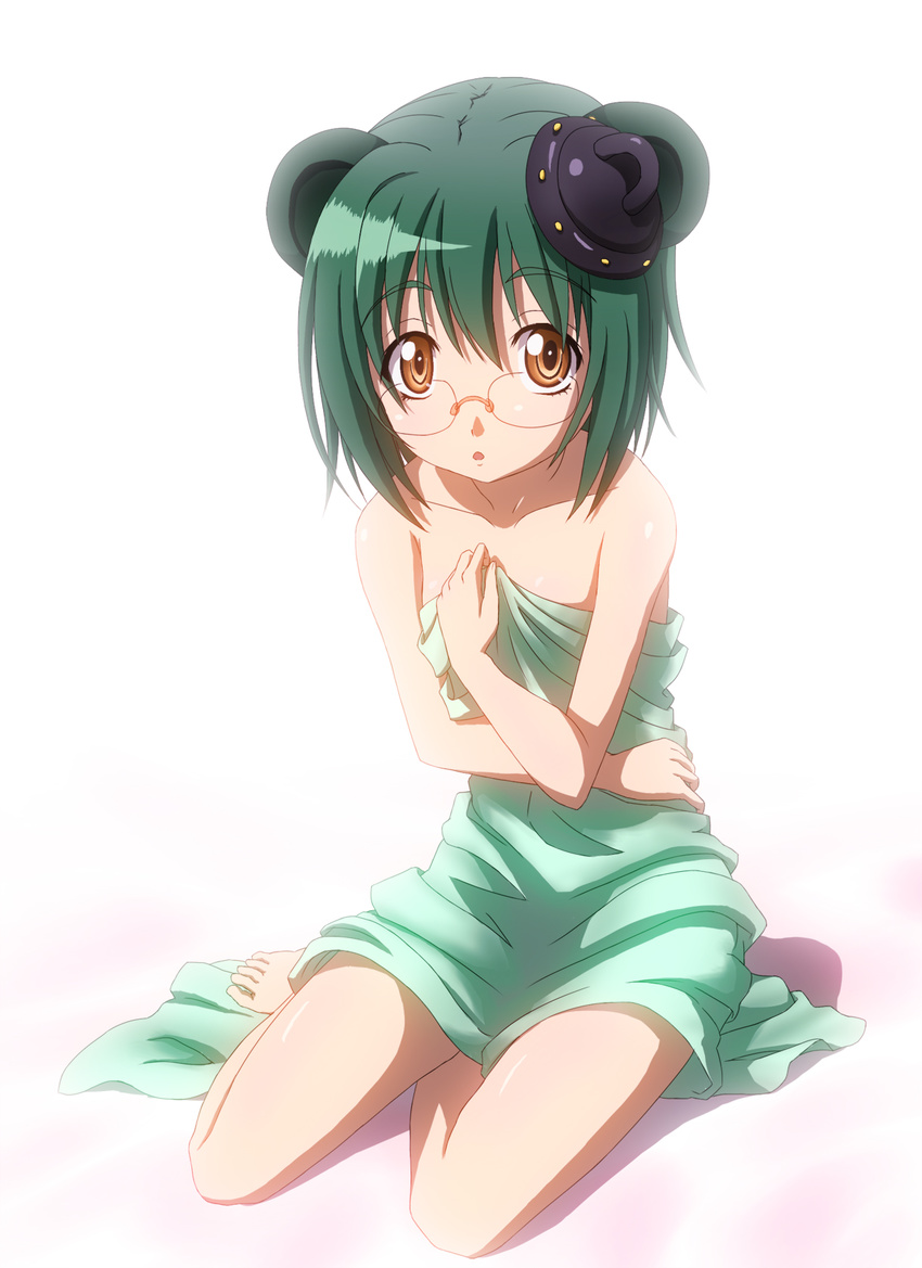 animal_ears bed_sheet brown_eyes covering glasses green_hair highres matsudaira_motoyasu naked_sheet nude oda_nobuna_no_yabou sachishiro_pengin short_hair solo