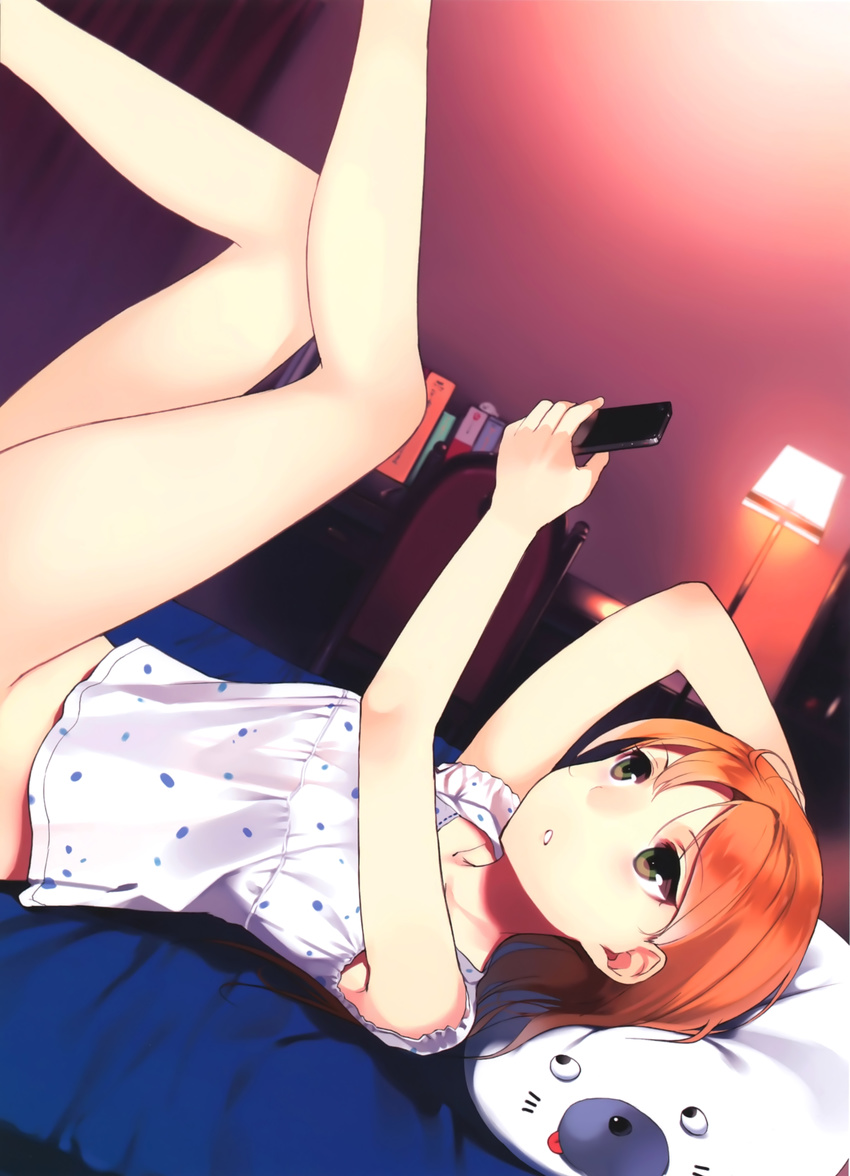 absurdres arm_up book bottomless cellphone chair copyright_request desk green_eyes highres holding lamp legs_up lying on_back orange_hair phone sasamori_tomoe scan short_hair solo
