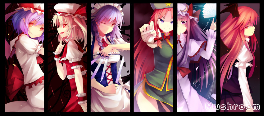 :d apron artist_name bad_id bad_pixiv_id bandages bat_wings capelet column_lineup dress flandre_scarlet frills hat head_wings highres hong_meiling izayoi_sakuya knife koakuma looking_at_viewer maid maid_headdress mob_cap multiple_girls mushroom_(artist) open_mouth patchouli_knowledge puffy_sleeves remilia_scarlet smile touhou underbust waist_apron wings