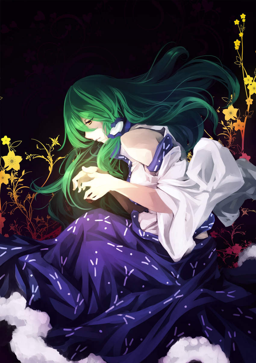 bare_shoulders detached_sleeves flower green_hair hair_tubes highres kalalasan kochiya_sanae long_hair profile solo touhou yellow_eyes