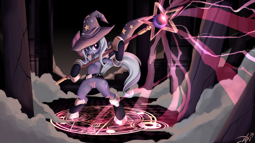 cape cutie_mark detailed_background equine female friendship_is_magic gauntlets hat hi_res horn horse magic magic_circle mammal my_little_pony polearm pony ponykillerx purple_eyes pussy solo spell spell_circle staff trixie_(mlp) unicorn wallpaper weapon widescreen wizard_hat