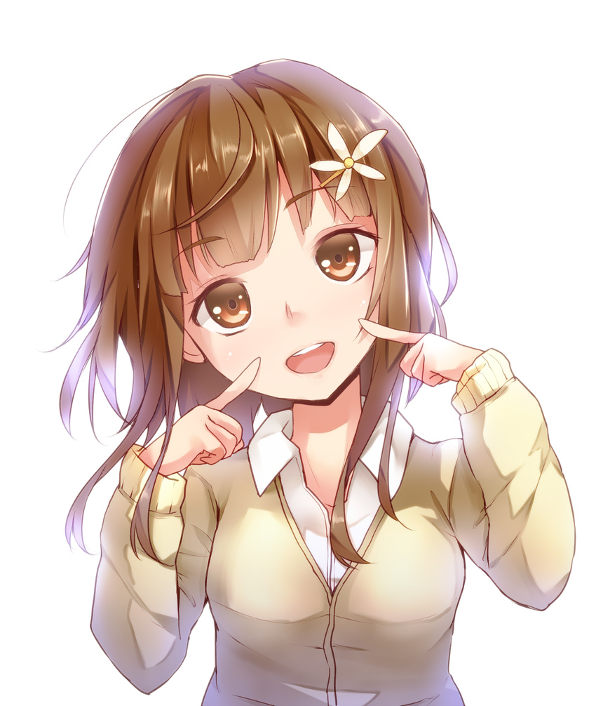 :d brown_eyes brown_hair dabadhi finger_to_face hair_ornament highres long_hair open_mouth original smile solo upper_body white_background