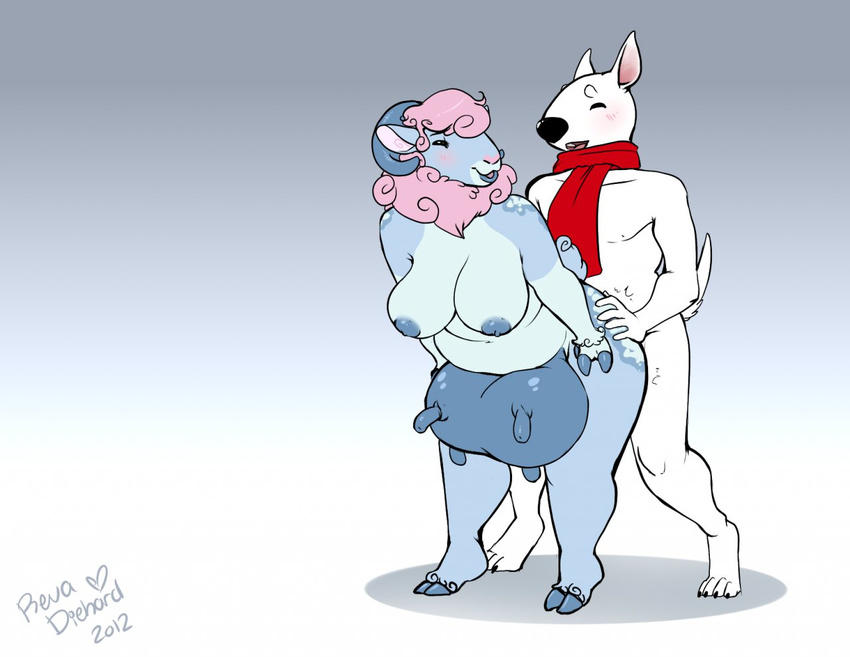 blush breasts canine caprine chubby dog duo eyes_closed female from_behind goat hair male mammal nipples overweight plain_background revadiehard scarf sex standing straight teats thighs udders
