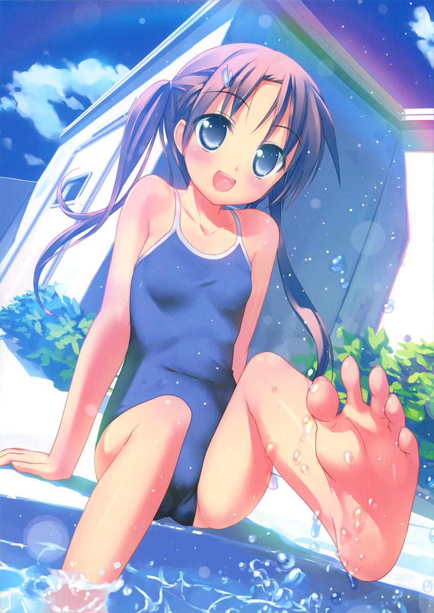 :d absurdres barefoot black_hair blue_eyes blue_swimsuit blush cloud competition_school_swimsuit day dutch_angle feet foreshortening highres one-piece_swimsuit open_mouth original pool poolside pov_feet rainbow scan school_swimsuit sitting sky smile soaking_feet soles solo splashing swimsuit takoyaki_(roast) toes twintails water wet