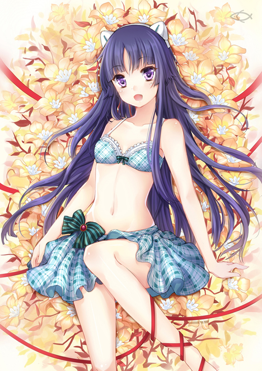 artist_request bare_shoulders bow bra flower guilty_crown headband highres long_hair lying midriff open_mouth purple_eyes purple_hair ribbon skirt tsugumi_(guilty_crown) underwear very_long_hair