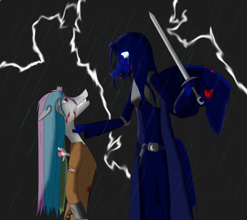 alacorn anthrofied blood blue_eyes blue_hair blue_skin chain crying equine eye_contact female fight friendship_is_magic hair horn hornless lighting lightning mammal multi-colored_hair mutilation my_little_pony princess princess_celestia_(mlp) princess_luna_(mlp) rain royalty sword weapon wet_hair winged_unicorn wingless wings wounded