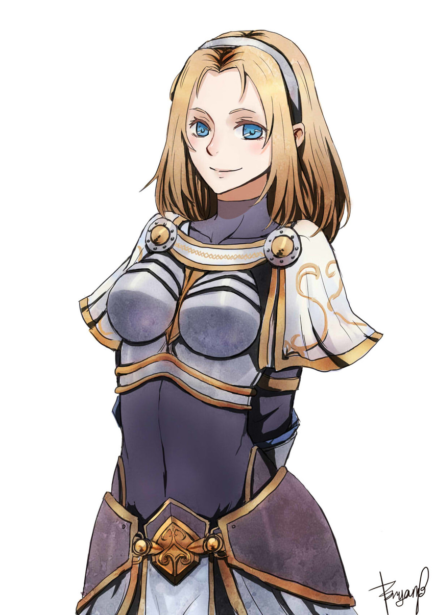 armor arms_behind_back artist_name blonde_hair blue_eyes breastplate bryanth hairband highres league_of_legends long_hair luxanna_crownguard navel signature simple_background smile solo white_background