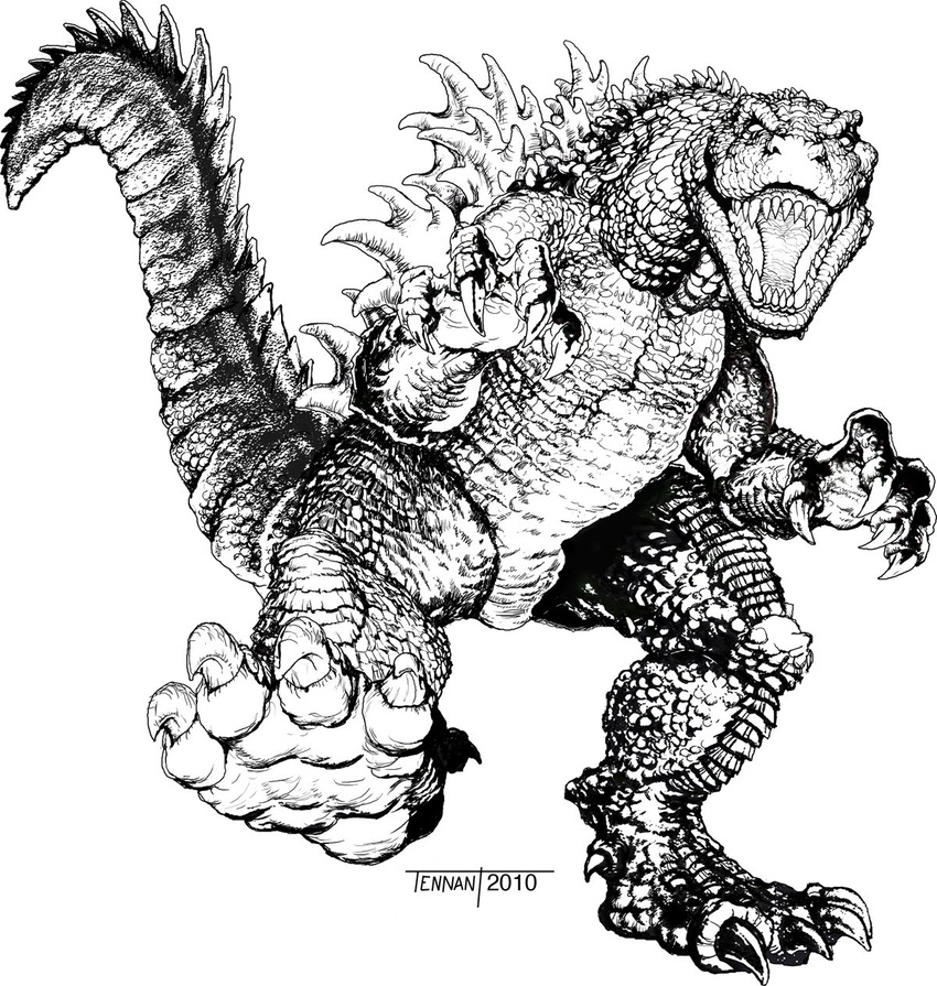 4_toes ambiguous_gender black_and_white claws godzilla godzilla_(series) hindpaw kaiju looking_at_viewer monochrome not_furry nude open_mouth paws plain_background plantigrade scales soles solo spines teeth tennan todd_tennant toe_claws toes white_background