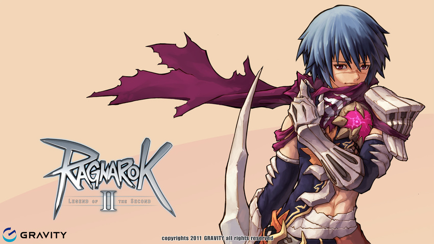 armor blue_hair eremes_guile highres male_focus myung-jin_lee official_art ragnarok_online_2:_legend_of_the_second scar scarf solo wallpaper weapon