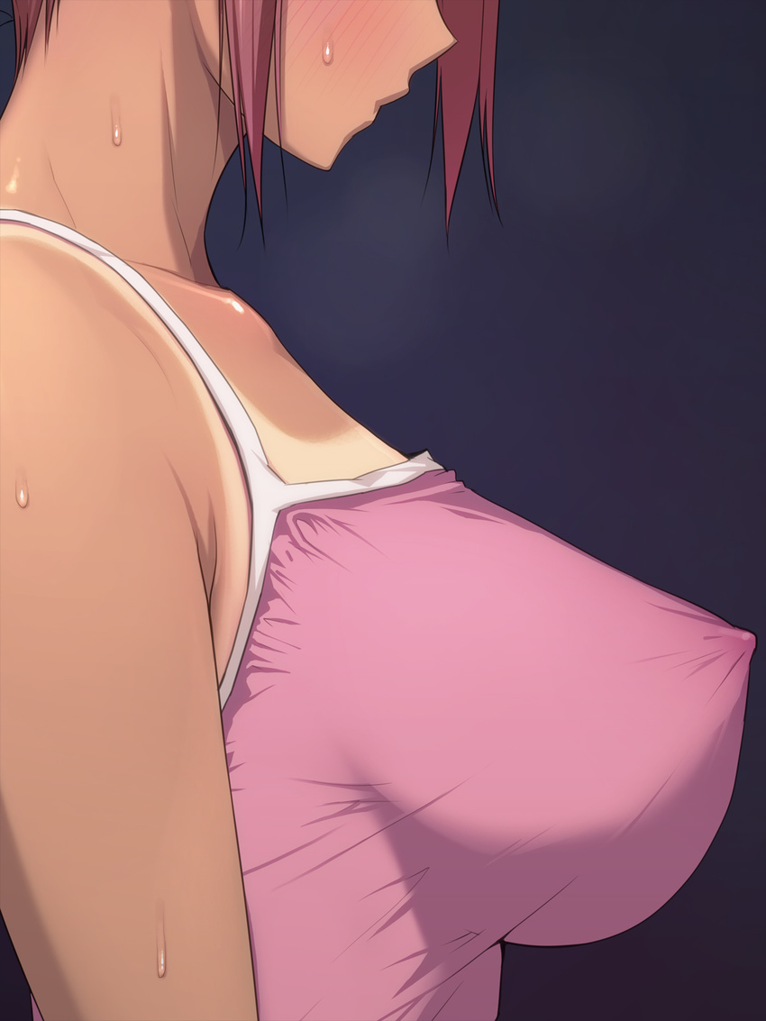 bare_shoulders blush breasts breath camisole close-up covered_nipples from_side head_out_of_frame heavy_breathing highres large_breasts nipples no_bra oikko_chinpo_to_aishou_yosugite_oyako_manko_ga_muchuu_ni_nacchatta_ohanashi. one-piece_tan perky_breasts pink_hair profile short_hair sidelocks simple_background solo someoka_yusura standing sweat tan tanline taut_clothes upper_body yuuna_(oikko_chinpo)