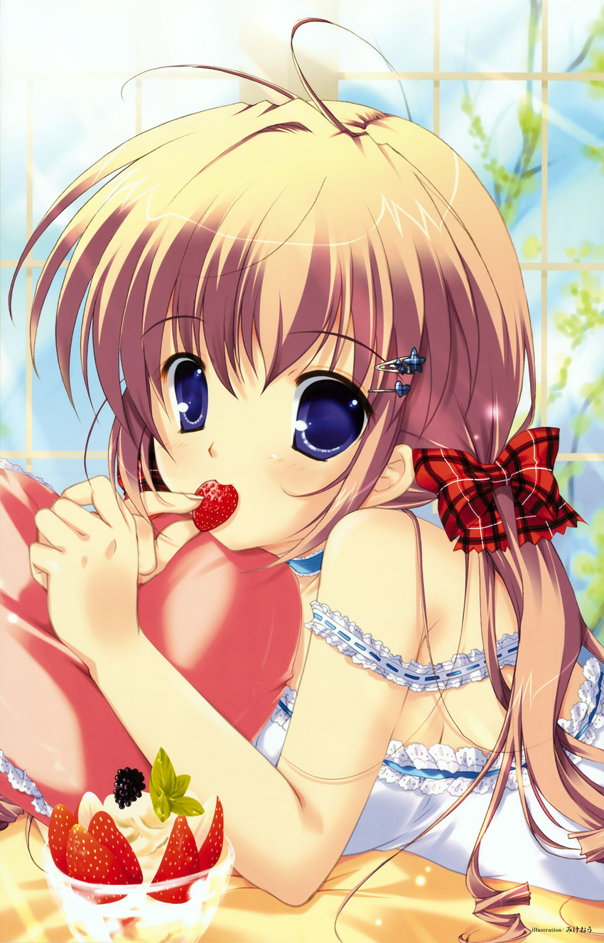 1girl absurdres blackber blackberry_(fruit) blonde_hair blue_eyes bow copyright_request eating food food_in_mouth fruit hair_bow hair_ornament hairclip highres mikeou parfait pillow plaid plaid_bow strawberry window