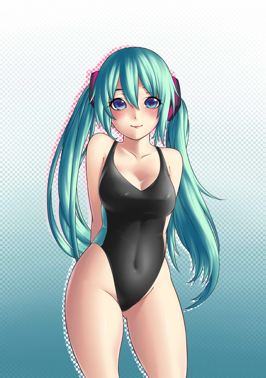 absurdres aqua_hair arms_behind_back bad_id bad_pixiv_id bare_shoulders blue_eyes blush breasts cleavage competition_swimsuit covered_navel hatsune_miku highres lips long_hair looking_at_viewer medium_breasts one-piece_swimsuit smile solo swimsuit twintails vocaloid yin-ting_tian