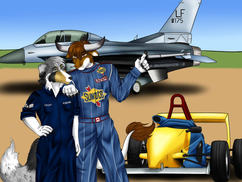 airplane anthro border_collie bovine bull canine car cattle codydog dialog dog duo f-16 girrandwar jet larka_wolfess male mammal racecar talking text