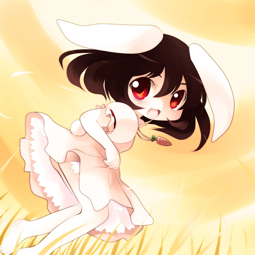 animal_ears bare_legs brown_hair bunny_ears bunny_tail carrot dress highres inaba_tewi jewelry open_mouth pendant pink_dress red_eyes short_hair smile solo tail touhou yume_shokunin