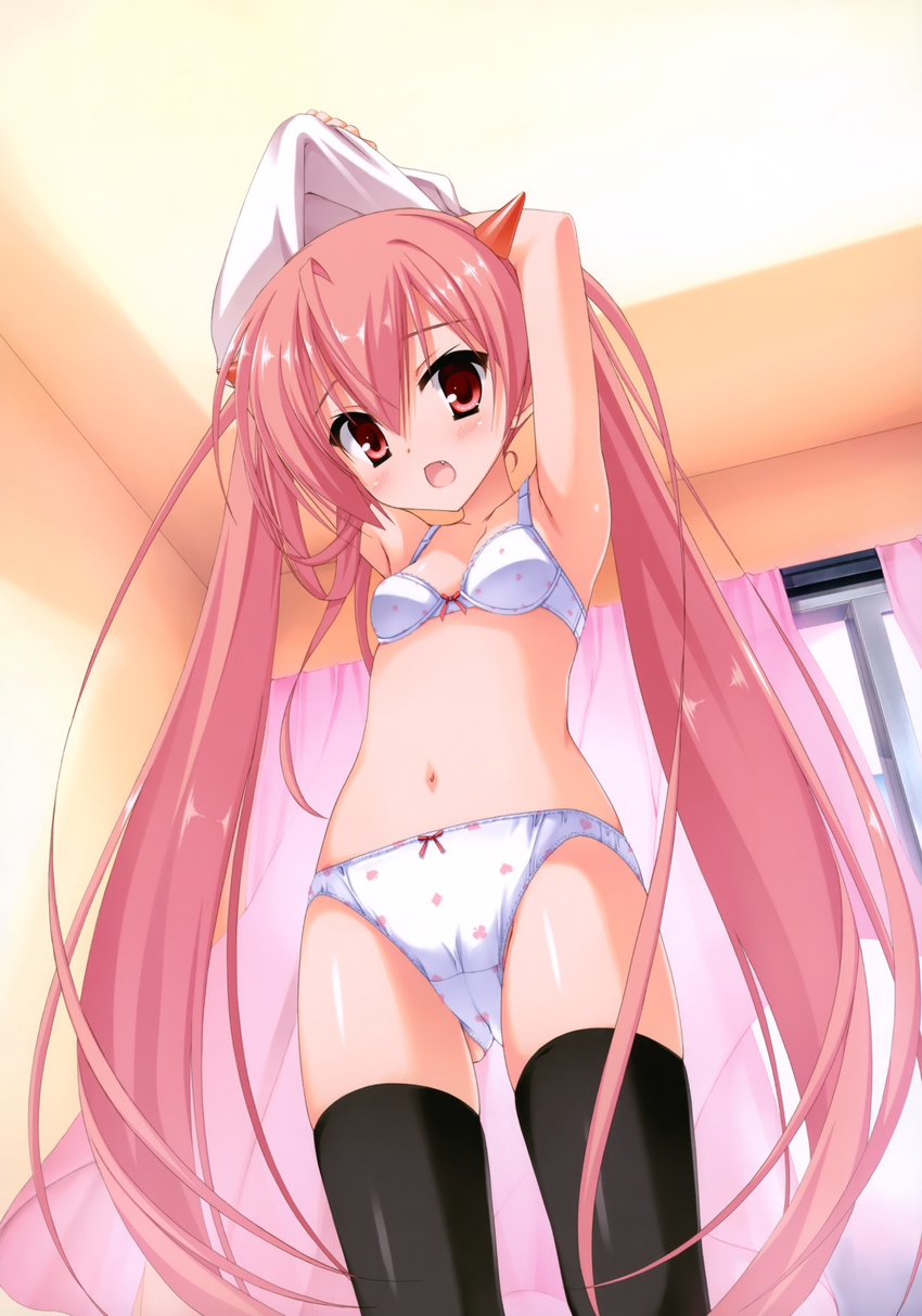 :o absurdres black_legwear blush bow bow_bra bow_panties bra clover curtains diamond_(shape) fang from_below heart hidan_no_aria highres kanzaki_h_aria kobuichi lingerie long_hair looking_at_viewer looking_down navel open_mouth panties pink_eyes pink_hair print_bra print_panties scan shiny shiny_skin solo spade_(shape) thighhighs twintails underwear underwear_only undressing very_long_hair white_bra white_panties window