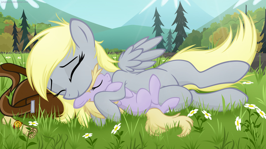 blonde_hair cub cute daytime derpy_hooves_(mlp) dinky_hooves_(mlp) equine eyes_closed female feral flower forest friendship_is_magic fur grass grey_fur hair hi_res horn horse hug junglepony lying mailbag mammal mountain my_little_pony outside parent pegasus pony purple_fur scroll sleeping tree unicorn wings young