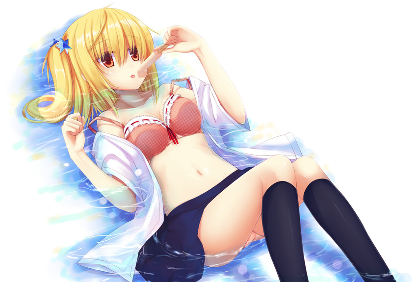 :p bad_id bad_pixiv_id black_legwear blonde_hair bra character_request copyright_request food hair_ornament kneehighs liong lying navel off_shoulder on_back open_clothes open_shirt panties partially_submerged pleated_skirt popsicle school_uniform shirt short_hair skirt solo strap_slip tongue tongue_out underwear water wet wet_clothes yellow_eyes