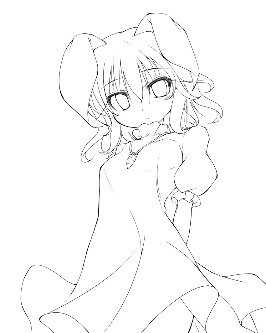 animal_ears bunny_ears carrot dress fuyuno_taka greyscale highres inaba_tewi lineart monochrome short_hair simple_background solo touhou