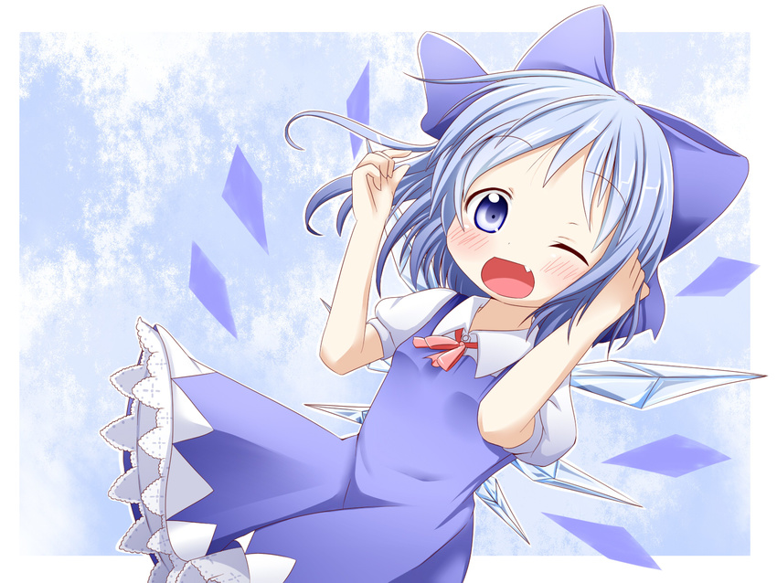blue_dress blue_eyes blue_hair blush bow cirno dress fang hair_bow hand_in_hair highres looking_at_viewer makuran one_eye_closed open_mouth puffy_sleeves shirt short_hair short_sleeves smile solo touhou wings