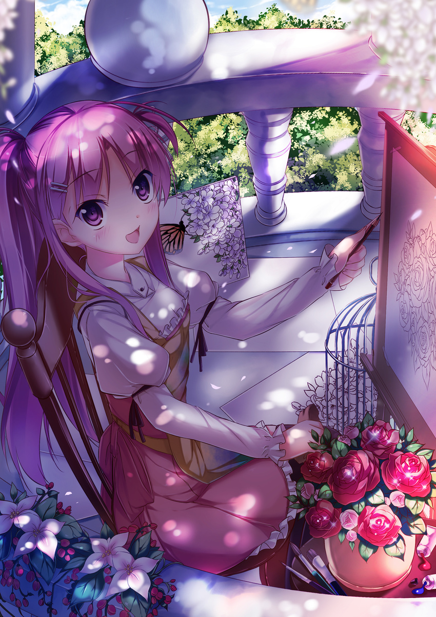 :d absurdres apron art_brush blush bug butterfly cage chair easel flower hair_ornament hairclip highres holding insect kaho_okashii long_hair oekaki_musume open_mouth original paintbrush pink_eyes pink_hair rose sitting smile solo
