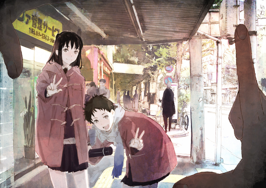 :d bicycle black_hair brown_hair coat finger_frame ground_vehicle multiple_girls open_mouth original out_of_frame pov pov_finger_frame real_world_location road road_sign scarf sign skirt smile street toi8 tokyo_(city) tree v w