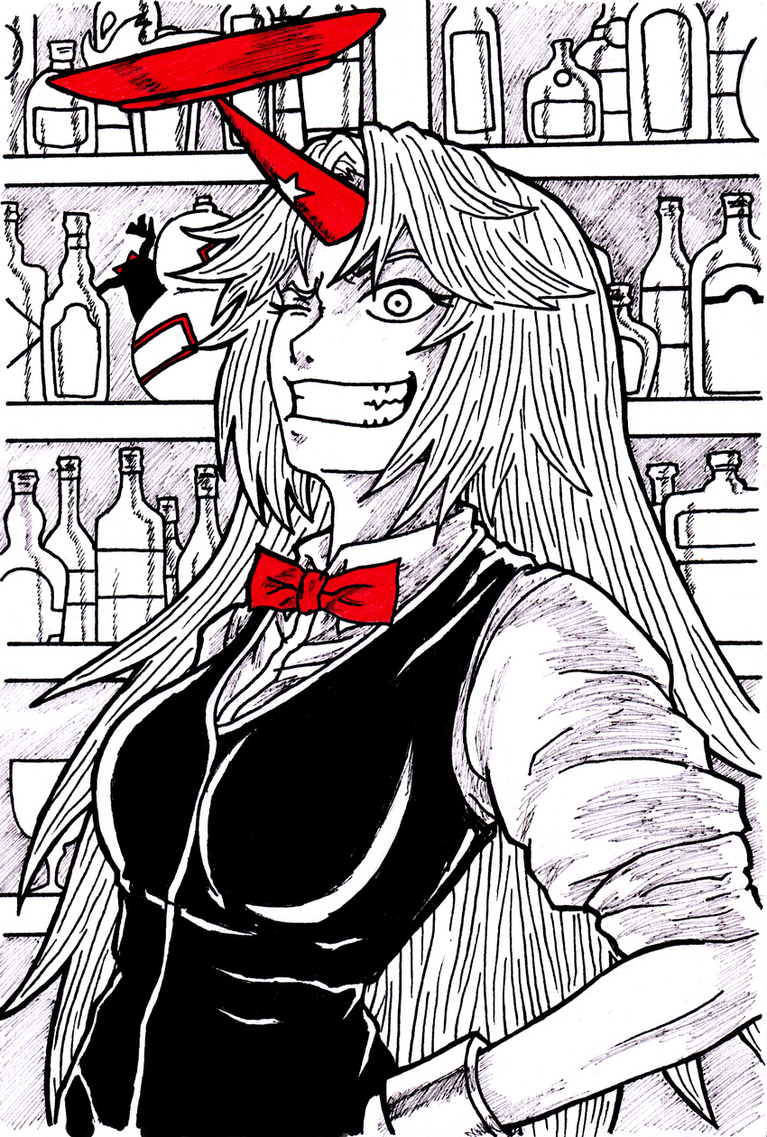 absurdres balancing barmaid bow bowtie breasts cabinet cuffs cup gourd grin hand_on_hip highres horn hoshiguma_yuugi ibuki_suika long_hair medium_breasts monochrome one_eye_closed sakazuki shackles smile solo spot_color touhou tres-iques vest